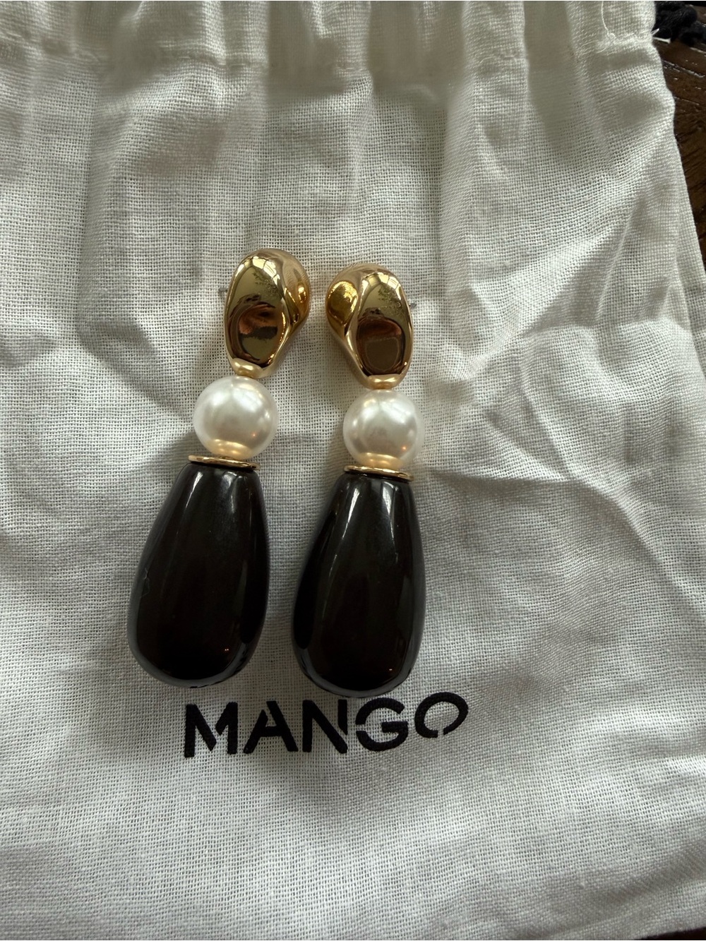 Mango Gold, Black & Pearl Drop Earrings